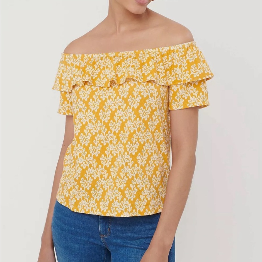 LOFT floral off the shoulder crinkle top, yellow, size XS